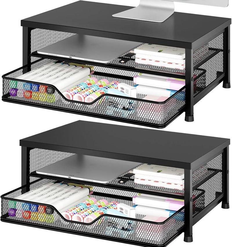 OPNICE Computer Monitor Stand Riser, Desk Organizer with Drawer, Laptop Stand, Office Desk Accessories & Workspace Desktop Organizers Storage for Office Supplies(Black 2-Pack) - Image 1